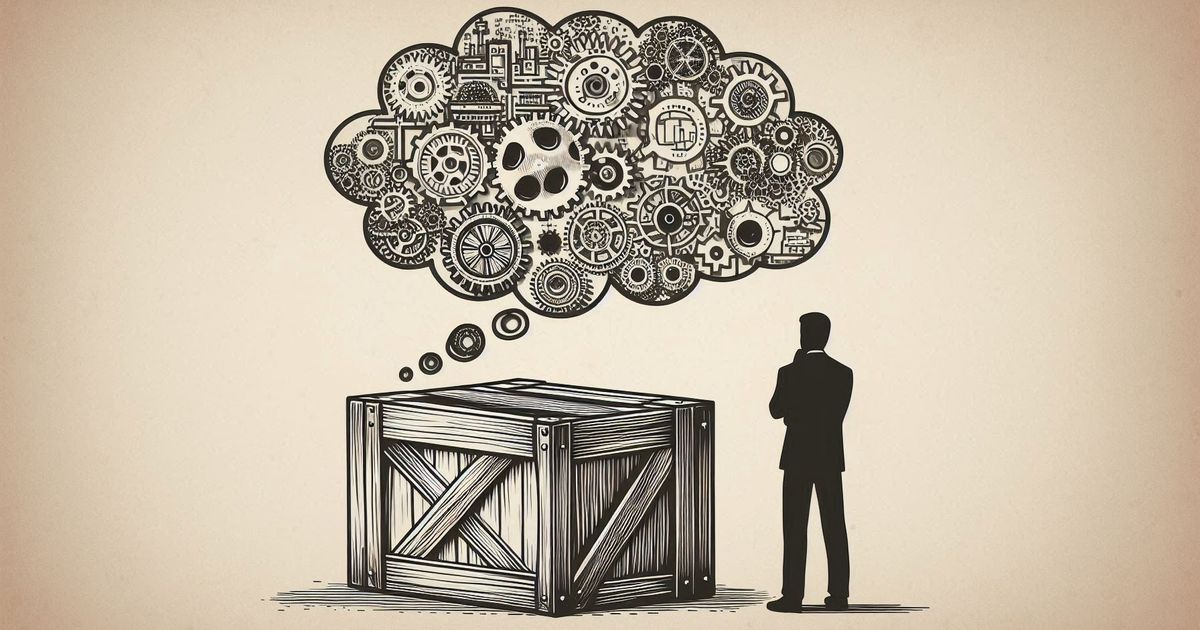 Feature Creep Is Real! A shadowy figure of a man standing next to a crate. A thought bubble reveals many gears working together.